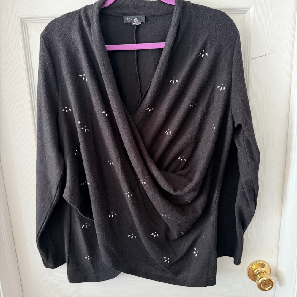 STATE Black V-Neck Sweater with Subtle Embellishments